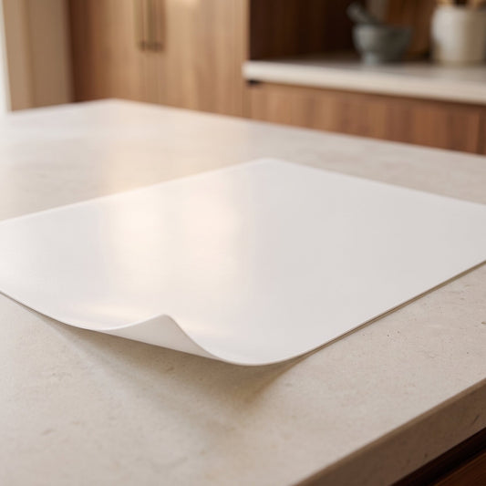 A CleanCut sheet lying flat on a pale stone kitchen counter, one corner lifting slightly.