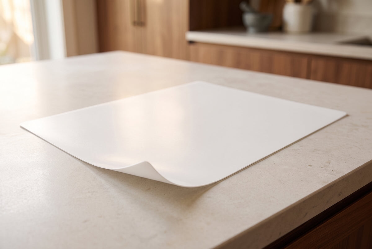 A CleanCut sheet lying flat on a pale stone kitchen counter, one corner lifting slightly.