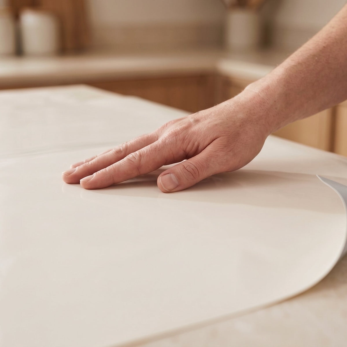A hand peeling a CleanCut sheet up off a kitchen counter, the sheet bending as it lifts.