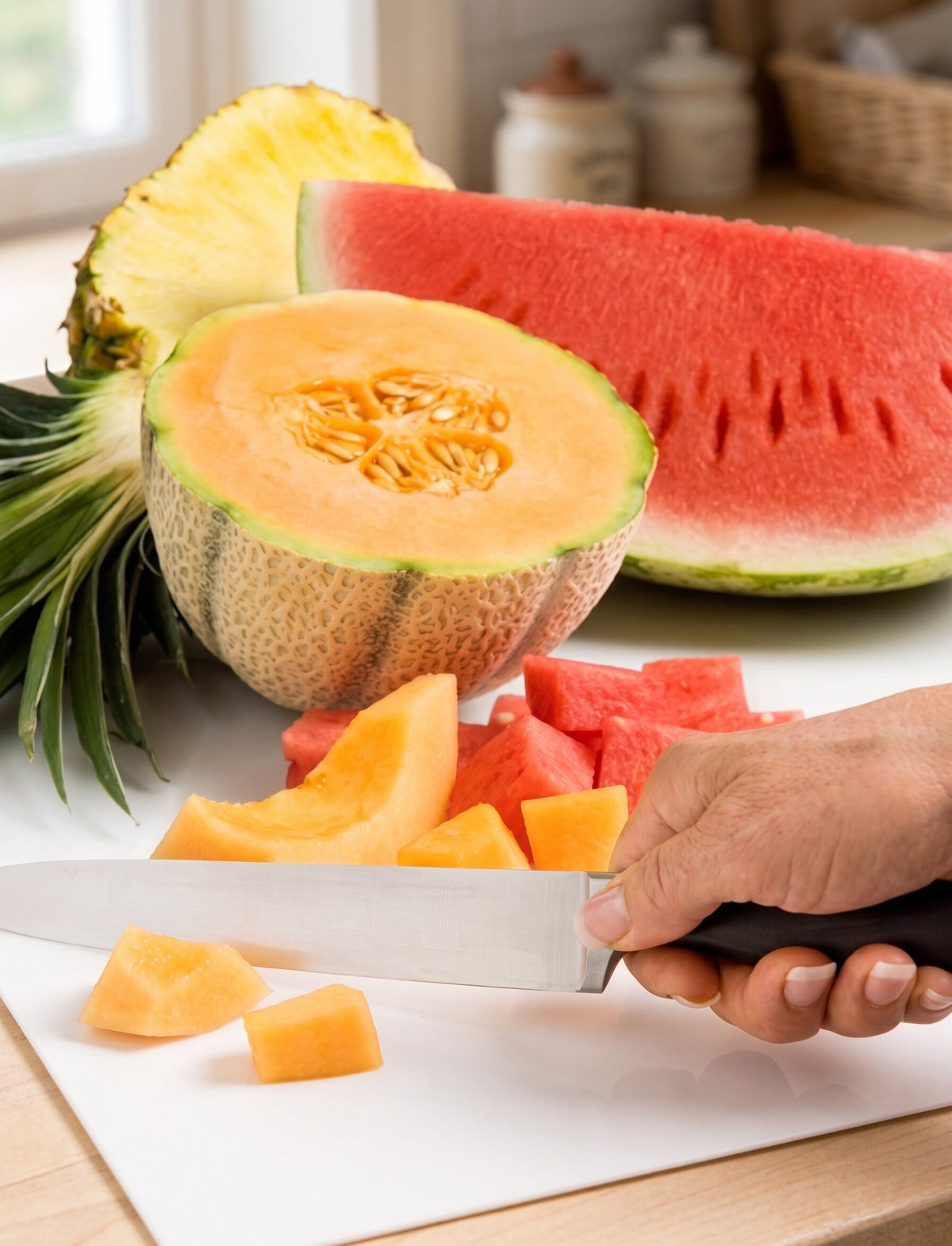 Cantaloupe, watermelon and pineapple being cut into cubes on a CleanCut sheet.