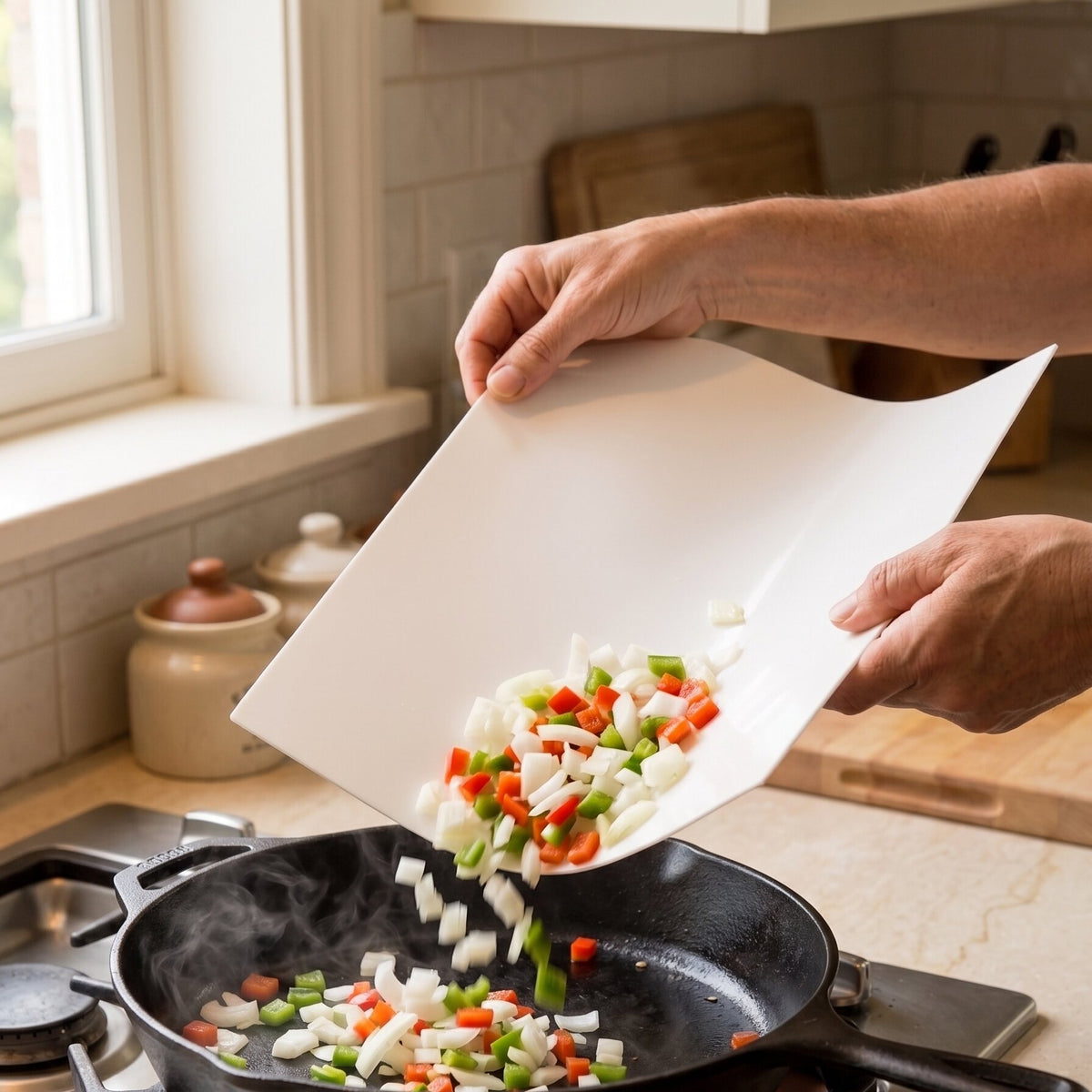 A CleanCut sheet bent into a curve, chopped onion and peppers sliding off it into a hot cast iron pan.