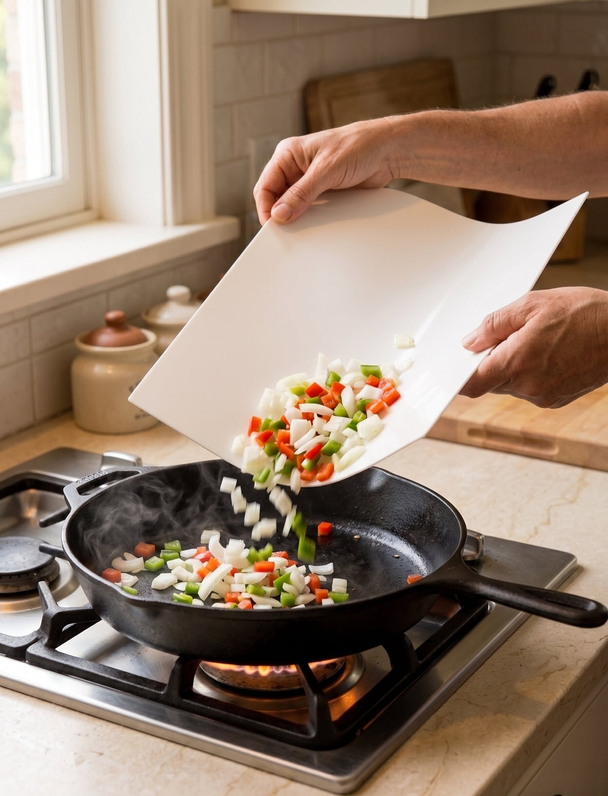 A CleanCut sheet bent into a curve, chopped onion and peppers sliding off it into a hot cast iron pan.
