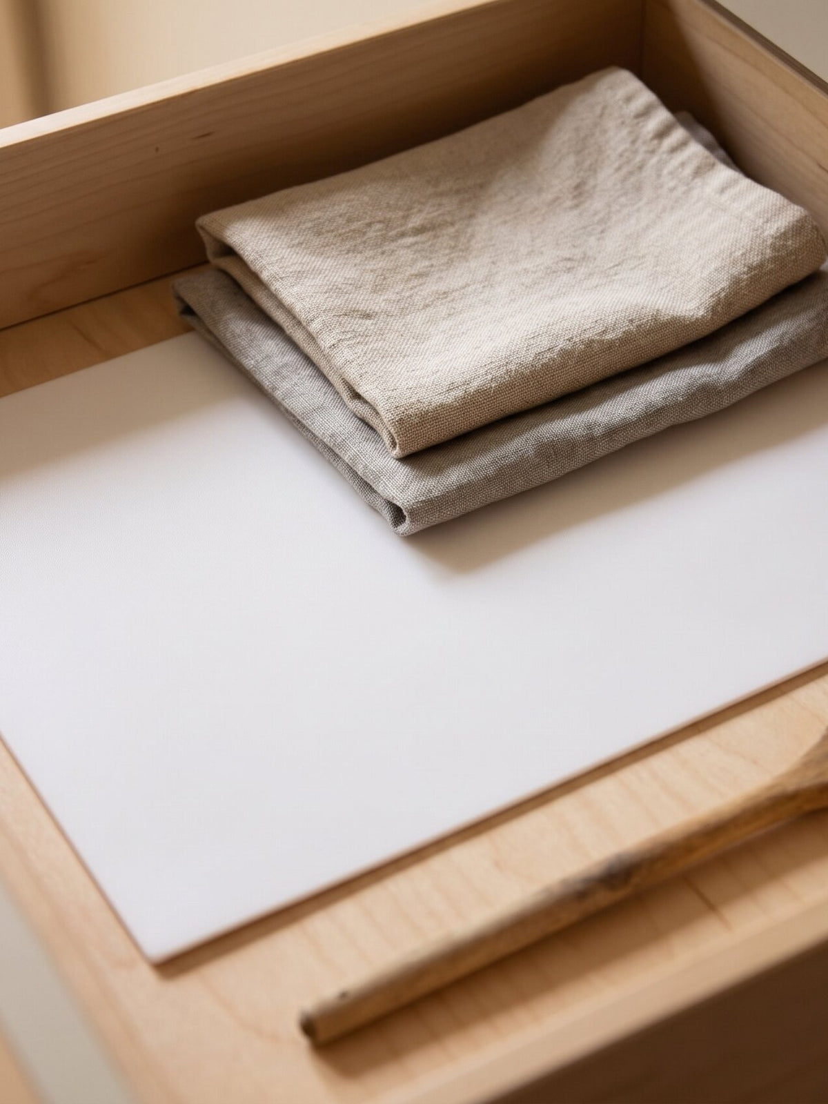 A CleanCut sheet lying flat in an open kitchen drawer with folded linen tea towels resting on it.