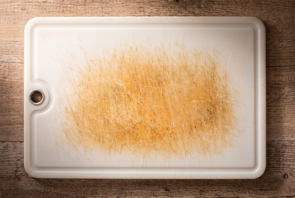 A worn white plastic cutting board on a wooden counter, deeply scored and stained brown across the centre.