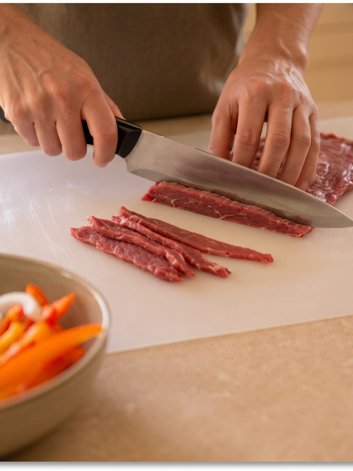 Beef being sliced into strips on a CleanCut sheet on a kitchen counter.